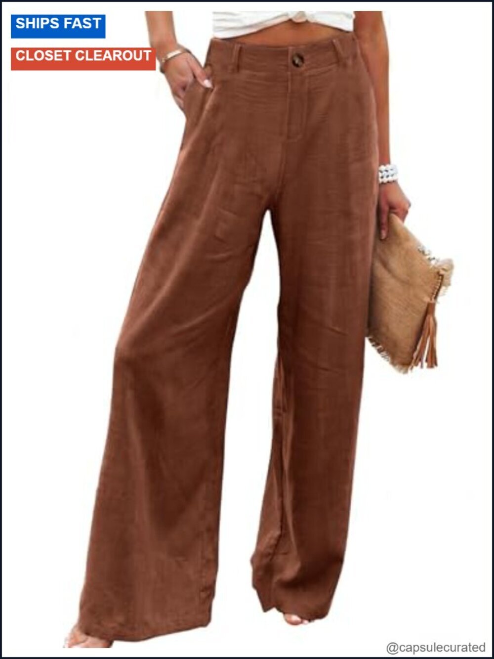 Cotton Linen Button Up High Waisted Wide Leg Trousers